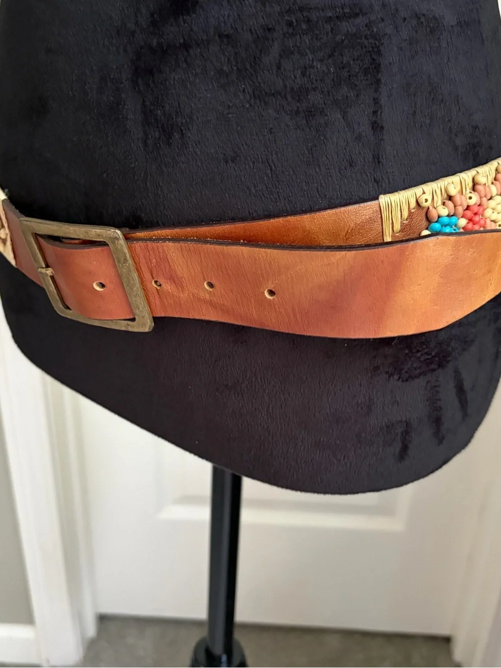 Handcrafted Brown Leather Belt with Turquoise & Coral Bead Accent